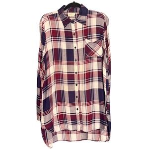 ETWO Plaid Tunic Shirt L Burgundy Navy Button Down High Low Longline Grunge